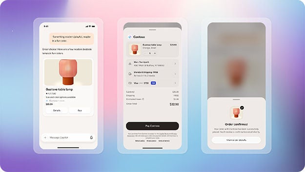 Visual of Copilot Checkout, showing the purchase of a lamp.
