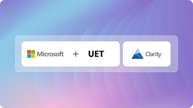 Illustration showing the Microsoft logo, the word UET and a Microsoft Clarity logo.