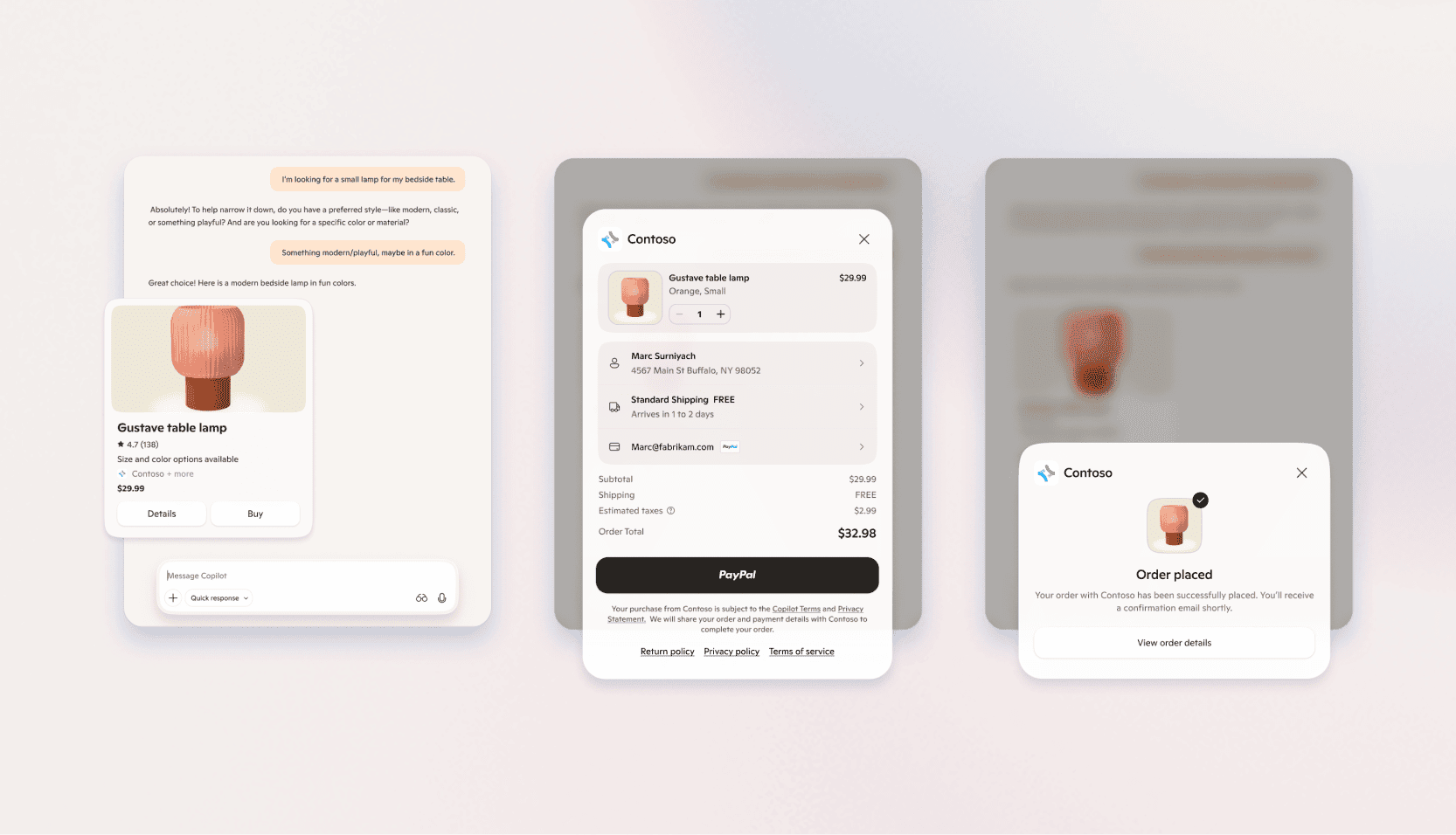 Three simulated Copilot Checkout screens showing product details, cart summary, and order confirmation during an AI‑powered shopping flow.