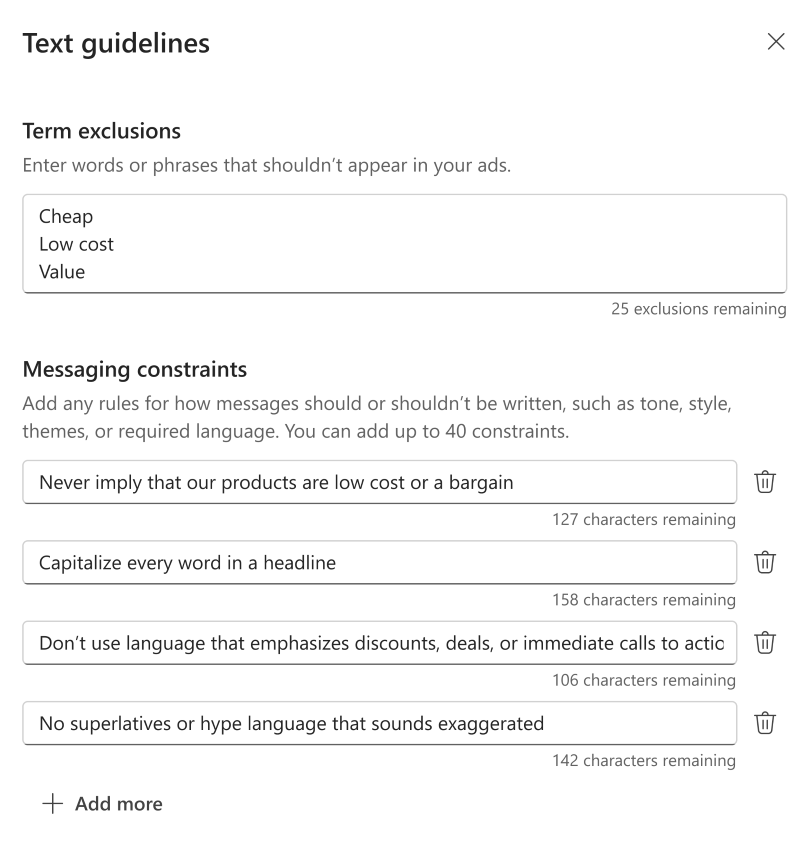 Image showing the set up interface for Term Exclusions and Messaging Constraints.