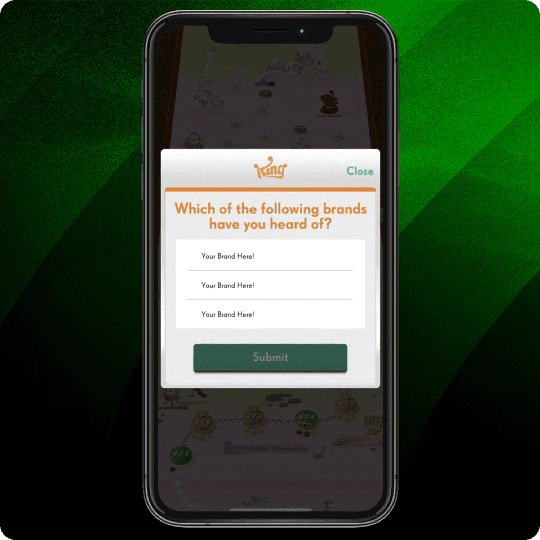 Smartphone displaying a pop-up survey question asking, “Which of the following brands have you heard of?” with three placeholder brand options and a green “Submit” button, set against a green gradient background.