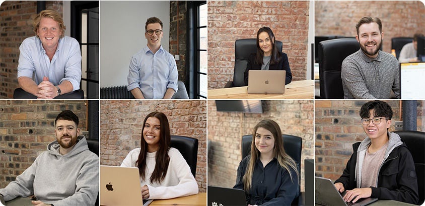 Photograph collage showing the Wriggle Marketing Team - eight individuals seated indoors, each working on laptops or sitting at desks with exposed brick walls in the background