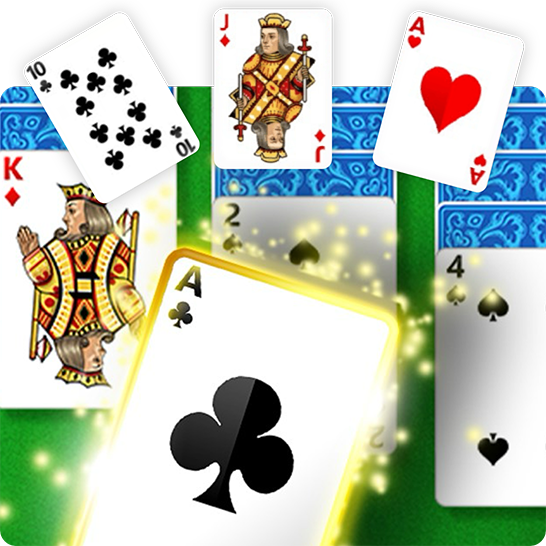 Playing cards scattered over a green background with a Solitaire layout, featuring a glowing Ace of Clubs in the foreground and other cards including King, Jack, Ace of Hearts, and 10 of Clubs.